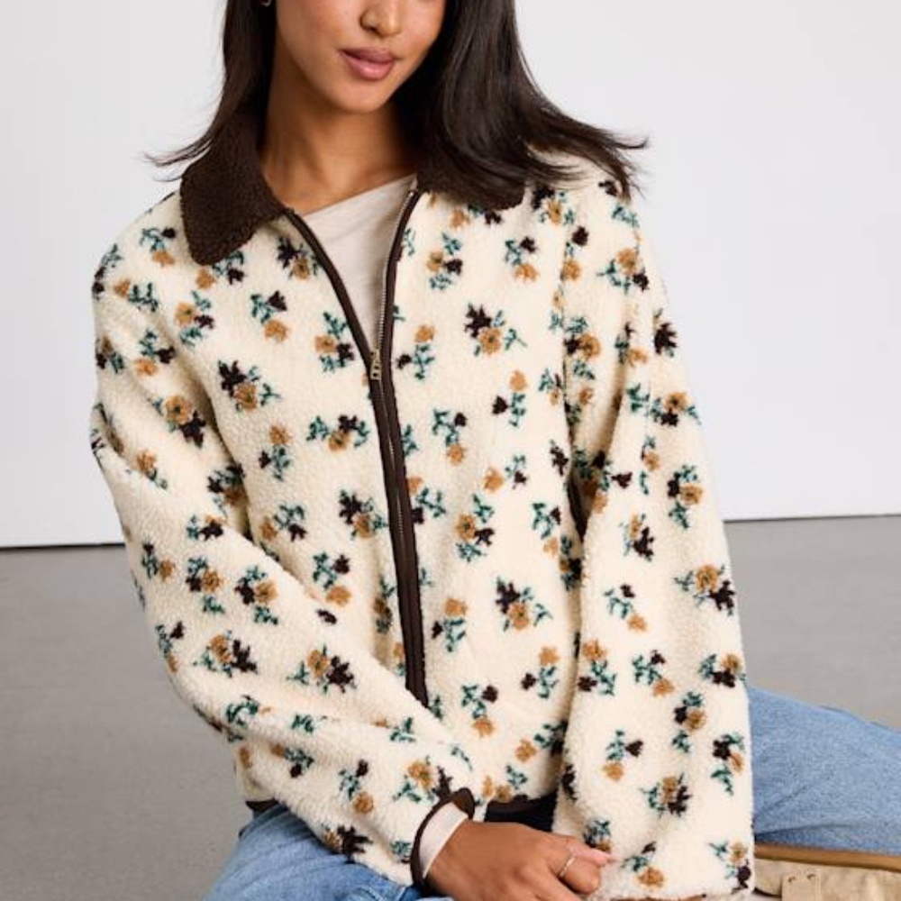 Lulus Naliah Ivory Floral Shearling Collared Jacket White - Size XL